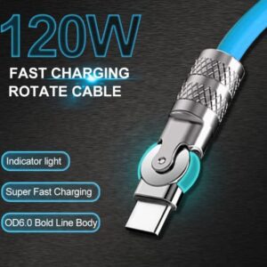 Chubby Gamer 180 Rotating Fast Charge Cable, 180° Rotating Fast Charge Cable, USB to C Durable to Avoid Breakage, Flexible Rotary Connector Thick Rubber Safety Charging (1.8m-Blue, for iPhone)