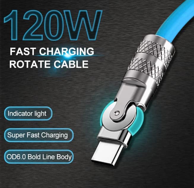 Chubby Gamer 180 Rotating Fast Charge Cable, 180° Rotating Fast Charge Cable, USB to C Durable to Avoid Breakage, Flexible Rotary Connector Thick Rubber Safety Charging (1.8m-Blue, for iPhone)