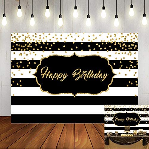 Black and White Stripes Happy Birthday Backdrop Gold Shining Dots Birthday Party Photography Background for Adults Sweet Birthday Party Photo Banner Props 7x5ft