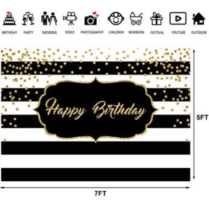 Black and White Stripes Happy Birthday Backdrop Gold Shining Dots Birthday Party Photography Background for Adults Sweet Birthday Party Photo Banner Props 7x5ft