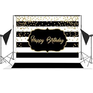 Black and White Stripes Happy Birthday Backdrop Gold Shining Dots Birthday Party Photography Background for Adults Sweet Birthday Party Photo Banner Props 7x5ft