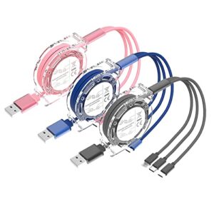 yunzsxjy retractable multi charging cable 3 in 1 usb c cell phone charger cord micro usb cable compatible with phone/type c/micro android (pink+grey+blue)