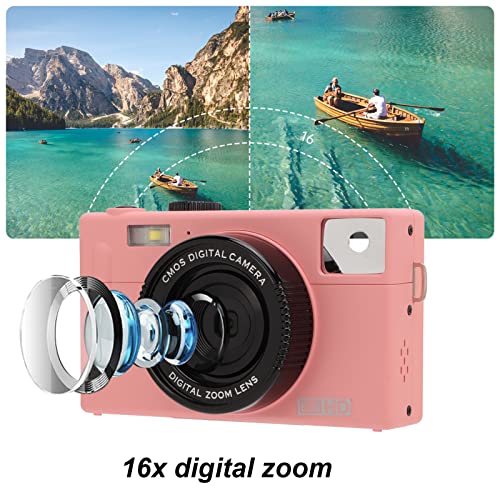 Mini Camera, Portable FHD 1080P 24MP Micro Single Camera, 16X Digital Zoom, 3in LCD Screen, Rechargeable Cmaera for Beginners, Children, Teenagers, Seniors, Friends(Pink)