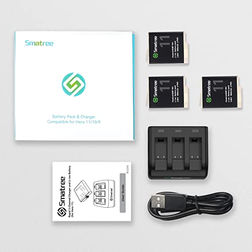 Smatree Batteries Compatible for GoPro Hero 11,Hero 10,Hero 9 Black, 3 Pack 1800mAh Replacement Batteries Fully Compatible with GoPro 11/10/ 9 Original Charger and Battery, USB Quick Charger.