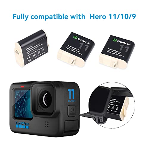 Smatree Batteries Compatible for GoPro Hero 11,Hero 10,Hero 9 Black, 3 Pack 1800mAh Replacement Batteries Fully Compatible with GoPro 11/10/ 9 Original Charger and Battery, USB Quick Charger.