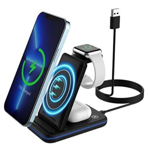 MoKo 15W Qi Fast Charging Station, 3 in 1 Wireless Charger Stand Foldable Charger Dock Compatible with iPhone 13/12/SE/Pro/11/XS/XR/X/AirPods 3/2/Pro/Apple Watch SE/7/6/5/4/3/2/Samsung Galaxy, Black