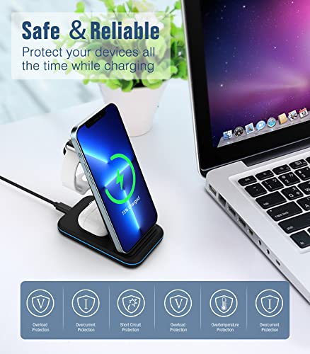 MoKo 15W Qi Fast Charging Station, 3 in 1 Wireless Charger Stand Foldable Charger Dock Compatible with iPhone 13/12/SE/Pro/11/XS/XR/X/AirPods 3/2/Pro/Apple Watch SE/7/6/5/4/3/2/Samsung Galaxy, Black
