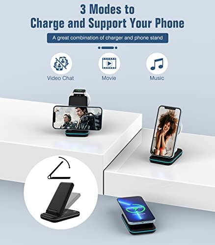 MoKo 15W Qi Fast Charging Station, 3 in 1 Wireless Charger Stand Foldable Charger Dock Compatible with iPhone 13/12/SE/Pro/11/XS/XR/X/AirPods 3/2/Pro/Apple Watch SE/7/6/5/4/3/2/Samsung Galaxy, Black