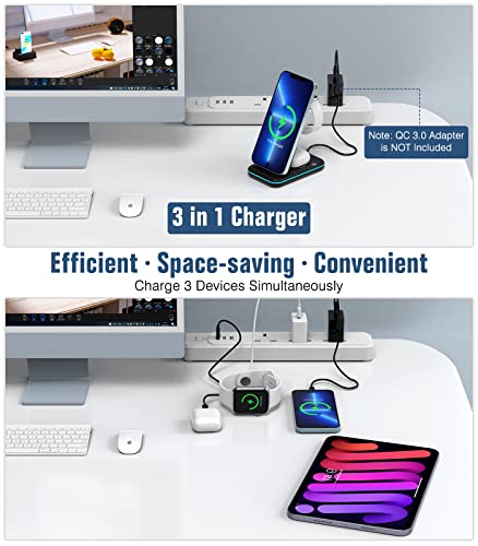 MoKo 15W Qi Fast Charging Station, 3 in 1 Wireless Charger Stand Foldable Charger Dock Compatible with iPhone 13/12/SE/Pro/11/XS/XR/X/AirPods 3/2/Pro/Apple Watch SE/7/6/5/4/3/2/Samsung Galaxy, Black