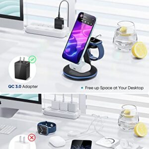 Magnetic Wireless Charging Station for Apple Series, 3-in-1 Standard 15W Fast Mag-Safe Charger Stand with QC3.0 Adapter, for iPhone 14,13,12 Pro Max/Pro/Mini/Plus, iWatch Ultra/8/7/6/5/4/3/2, AirPods…