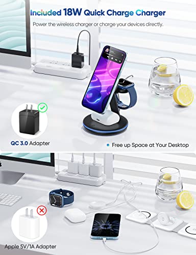 Magnetic Wireless Charging Station for Apple Series, 3-in-1 Standard 15W Fast Mag-Safe Charger Stand with QC3.0 Adapter, for iPhone 14,13,12 Pro Max/Pro/Mini/Plus, iWatch Ultra/8/7/6/5/4/3/2, AirPods…