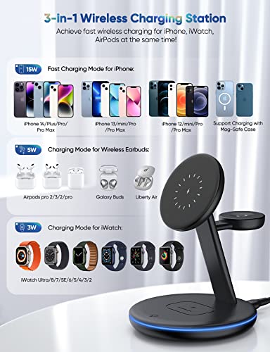 Magnetic Wireless Charging Station for Apple Series, 3-in-1 Standard 15W Fast Mag-Safe Charger Stand with QC3.0 Adapter, for iPhone 14,13,12 Pro Max/Pro/Mini/Plus, iWatch Ultra/8/7/6/5/4/3/2, AirPods…