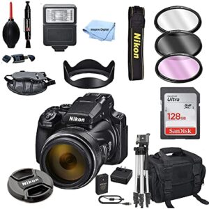nikon coolpix p1000 16.7 digital camera + 128gb card, tripod, flash, and more (18pc bundle) (renewed), black