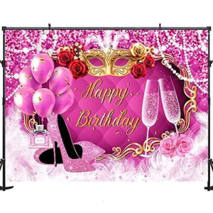 7x5ft Pink Happy Birthday Backdrop High Heel Mask Pink Glitter Backdrop for Birthday Party 50th 70th Birthday Backdrop in Pink Birthday Backdrop for Women