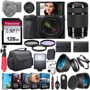 sony alpha a6600 mirrorless camera uhd 4k 2 lens kit with 18-135mm & 55-210mm lens + extra battery + flash + wide angle & telephoto lens + filters + 128gb u3 v30 memory accessory bundle