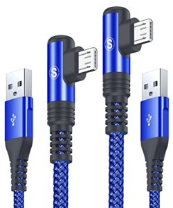 sweguard micro usb cable right angle [2-pack, 6.6ft+6.6ft] android charger cable, nylon braided micro charger cord for samsung galaxy s7 edge s6 s2 j7 j5 j3 j3v j2,lg k10 v10,moto e6 5 4,ps4-blue