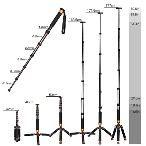 Koolehaoda Camera Aluminum Monopod with Metal Tripod Base.6 Sections 46-177cm/18-69inch Adjustable, Leg Diameter Φ28mm,up to 6kg /13lbs