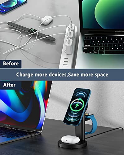 3 in 1 Magnetic Wireless Charger, Aluminum Alloy 15W Fast Wireless Charging Station for iPhone 13/12,Pro,Pro Max,Mini, MagSafe Charger Stand Dock for Apple AirPods 3/2/Pro, Apple Watch 7/SE/6/5/4/3/2