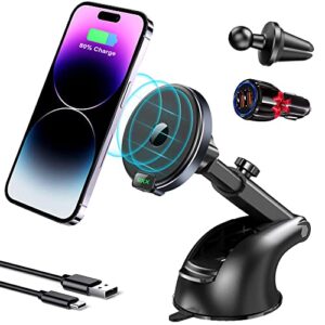 9xx magnetic wireless car charger for iphone 14 13 12 pro max mini samsung w/magsafe style cases – 15w fast charge, 360° rotation, military-grade suction mount – ultimate magsafe car mount charger