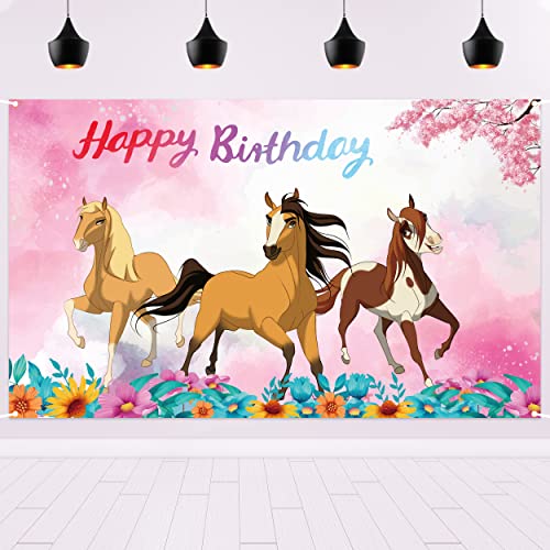 Chrzee Cartoon Spirit Horse Backdrop - 5x3FT Pink Happy Birthday Backdrop Spirit Horse Party Supplies Decorations for Girls Boys Kids