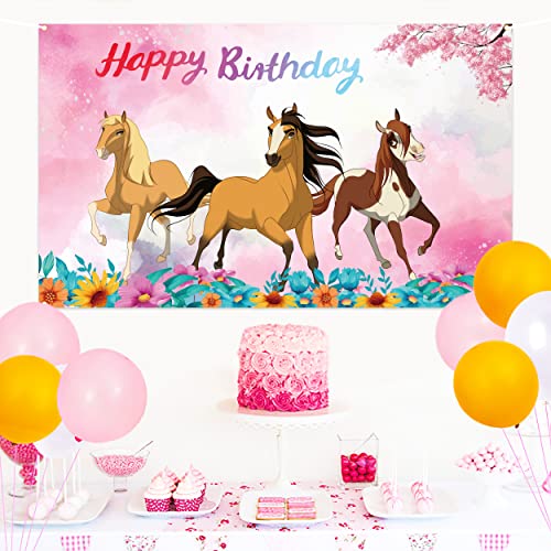 Chrzee Cartoon Spirit Horse Backdrop - 5x3FT Pink Happy Birthday Backdrop Spirit Horse Party Supplies Decorations for Girls Boys Kids