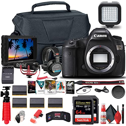 Canon EOS 5DS DSLR Camera (Body Only) (0581C002) + 4K Monitor + Pro Mic + Pro Headphones + 2 x 64GB Card + Case + Corel Photo Software + 3 x LPE6 Battery + Card Reader + LED Light + More (Renewed)