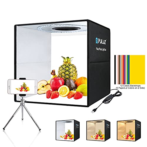 Photo Light Box 16’’x16“ for Product Photography Quick Install Professional Photo Boxes with Lights Three Color Dimmable Photo Booth Studio with 12 Color Background