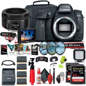 canon eos 6d mark ii dslr camera (body only) (1897c002) + 4k monitor + canon ef 50mm lens + pro mic + headphones + 2 x 64gb card + case + filter kit + corel photo software + more (renewed)