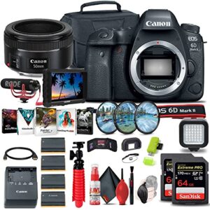 Canon EOS 6D Mark II DSLR Camera (Body Only) (1897C002) + 4K Monitor + Canon EF 50mm Lens + Pro Mic + Headphones + 2 x 64GB Card + Case + Filter Kit + Corel Photo Software + More (Renewed)