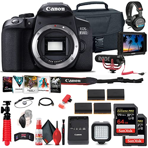 Canon EOS Rebel 850D / T8i DSLR Camera (Body Only) + 4K Monitor + Pro Mic + Pro Headphones + 2 x 64GB Card + Case + Corel Photo Software + 3 x LPE17 Battery + Charger + More (Renewed)