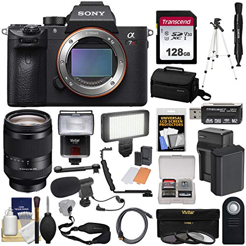 Sony Alpha A7R III 4K Wi-Fi Digital Camera Body with FE 24-240mm Lens + 128GB + Battery & Charger + Case + Tripod + Filters + Flash + LED + Mic + Kit