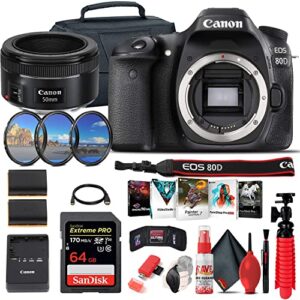 canon eos 80d dslr camera (body only) (1263c004) + canon ef 50mm lens + 64gb memory card + case + filter kit + corel photo software + lpe6 battery + card reader + more (renewed)