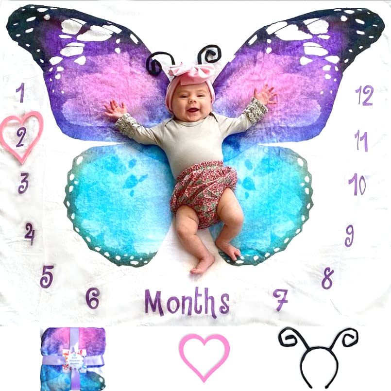 Evovee Baby Monthly Milestone Blanket Girl Butterfly Month Age Photo Photography Backdrop Newborn Girls Props Fleece Marker Headband New Moms