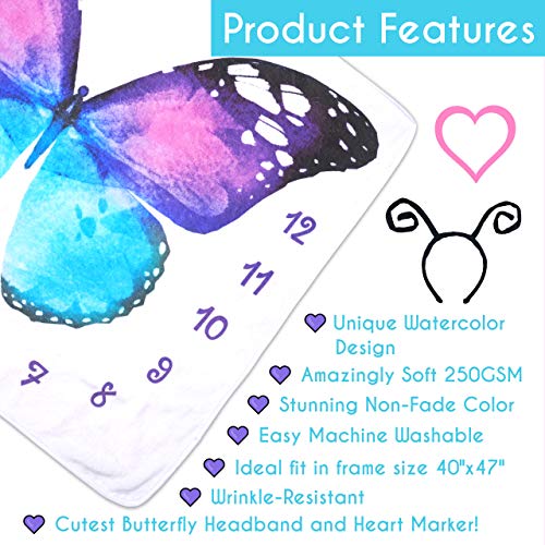 Evovee Baby Monthly Milestone Blanket Girl Butterfly Month Age Photo Photography Backdrop Newborn Girls Props Fleece Marker Headband New Moms