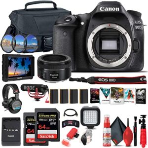 canon eos 80d dslr camera (body only) (1263c004) + 4k monitor + canon ef 50mm lens + pro mic + pro headphones + 2 x 64gb card + case + filter kit + corel photo software + more (renewed)