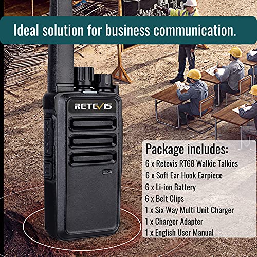 Retevis RT68 Walkie Talkies with Earpiece, Portable FRS Two-Way Radios Rechargeable, with 6 Way Multi Unit Charger, Hands Free, Long Range, Rugged 2 Way Radios 6 Pack for Adults School Manufacturing