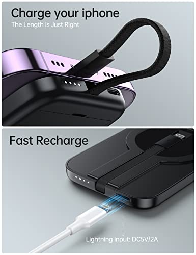 EMNT Small Magnetic Portable Charger for iPhone,5200mAh Mini Power Bank with Built-in Cable/Metal Stand, Battery Pack Compatible with iPhone 14/14 Plus/Pro Max/13/12/11/XS/XR/X/8/7/6/6s/Airpods More 5