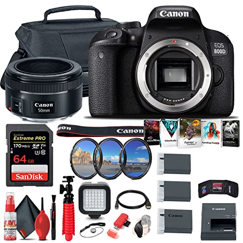 Canon EOS Rebel 800D / T7i DSLR Camera (Body Only) + Canon EF 50mm Lens + 64GB Card + Case + Corel Photo Software + 2 x LPE17 Battery + External Charger + Card Reader + More (Renewed)