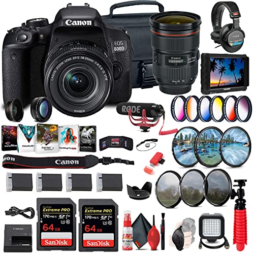 Canon EOS Rebel 800D / T7i DSLR Camera with 18-55 4-5.6 is STM Lens + 4K Monitor + Canon EF 24-70mm Lens + Mic + Headphones + 2 x 64GB Cards + Color Filter Kit + Case + More (Renewed)