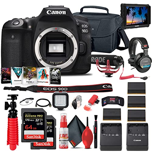 Canon EOS 90D DSLR Camera (Body Only) (3616C002) + 4K Monitor + Pro Mic + Pro Headphones + 2 x 64GB Memory Card + Case + Corel Photo Software + 3 x LPE6 Battery + Charger + More (Renewed)