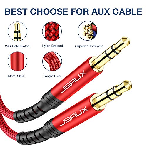 JSAUX 2 Pack AUX Cable, [4ft/1.2m- Copper Shell, Hi-Fi Sound] 3.5mm TRS Auxiliary Audio Cable Nylon Braided Aux Cord Compatible for Car/Home Stereos,Speaker,Headphones,Sony,Echo Dot,Beats - Red
