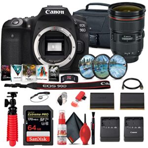 canon eos 90d dslr camera (body only) (3616c002) + canon ef 24-70mm lens + 64gb card + case + filter kit + corel photo software + lpe6 battery + charger + card reader + more (renewed)