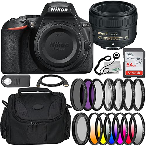 Nikon D5600 DSLR Camera with AF-S NIKKOR 50mm f/1.8G Lens & Essential Accessory Bundle: SanDisk Ultra 64GB SDXC, Infrared Wireless Shutter Remote, Water-Resistant Gadget Bag & Much More