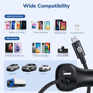 [Apple MFi Certified] Syncwire iPhone Car Charger 32W Super Fast Car Phone Charger Cigarette Lighter USB Car Adapter with Build-in 5FT Coiled Lightning Cable for Apple iPhone 14/13/12/11/XR/Max, iPad