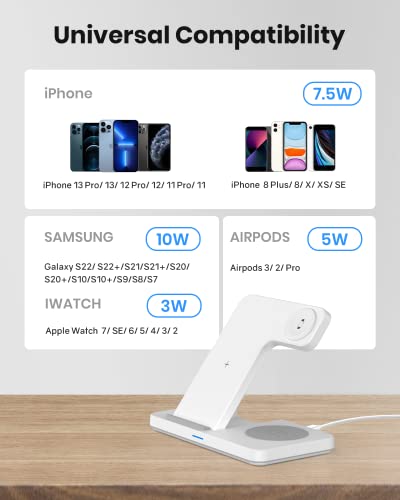 Wireless Charging Station for Apple - 3 in 1 Wireless Charger Dock Stand Watch and Phone Charger Station for iPhone14,13,12,Pro,Pro Max,SE,XS,XR,X,Samsung,Apple Watch 7/SE/6/5/4/3/2, AirPods 3/Pro/2