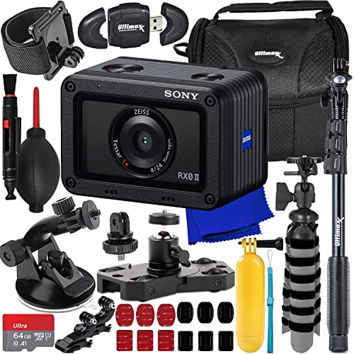 Sony Cyber-shot DSC-RX0 II Digital Camera + SanDisk 64GB Ultra microSD Memory Card, Portable 48” Monopod, Water-Resistant Gadget Bag, Mini Suction Cup Mount, Mini Metal Dolly & Much More (27pc Bundle)