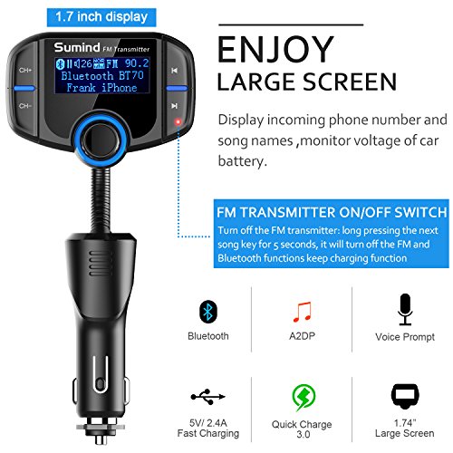 (Upgraded Version) Bluetooth FM Transmitter, Sumind Wireless Radio Adapter Hands-Free Car Kit with 1.7 Inch Display, QC3.0 and Smart 2.4A Dual USB Ports, AUX Input/Output, TF Card Mp3 Player