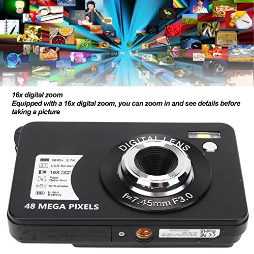 Digital Camera, 2.7K 48MP 16X Zoom Digital Camera, 2.7 Inch Display Anti Shaking HD Camera, Face Recognition Digital Camera for Indoor, Outdoor