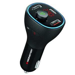 monster bluetooth fm transmitter and 20w qc3.0 usb and type-c pd car charger, 2 charging ports, hands-free calls, play music stored on flash drives, works with siri and google assistant