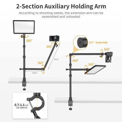 PICTRON VIJIM LS11 Camera Mount Desk Stand with Auxiliary Holding Arm, Flexible Overhead Camera Mount, Webcam Table C-Clamp Multi Mount for Photography Videography Live Stream
